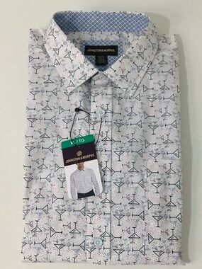 Johnston & Murphy White Button-Down Shirt with Navy Wine Glasses Print
